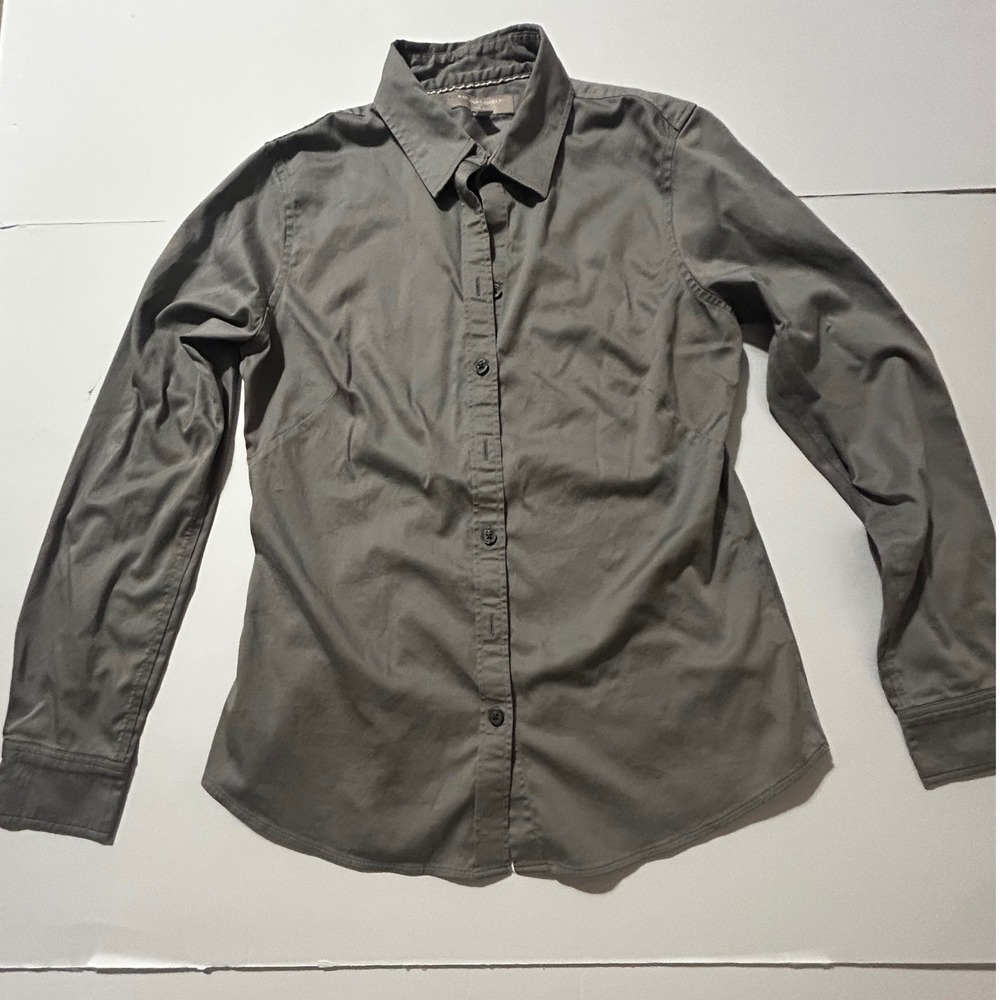 Banana Republic Non Iron Button Down Shirt Womens 8 Olive/Grey Cotton Stretch